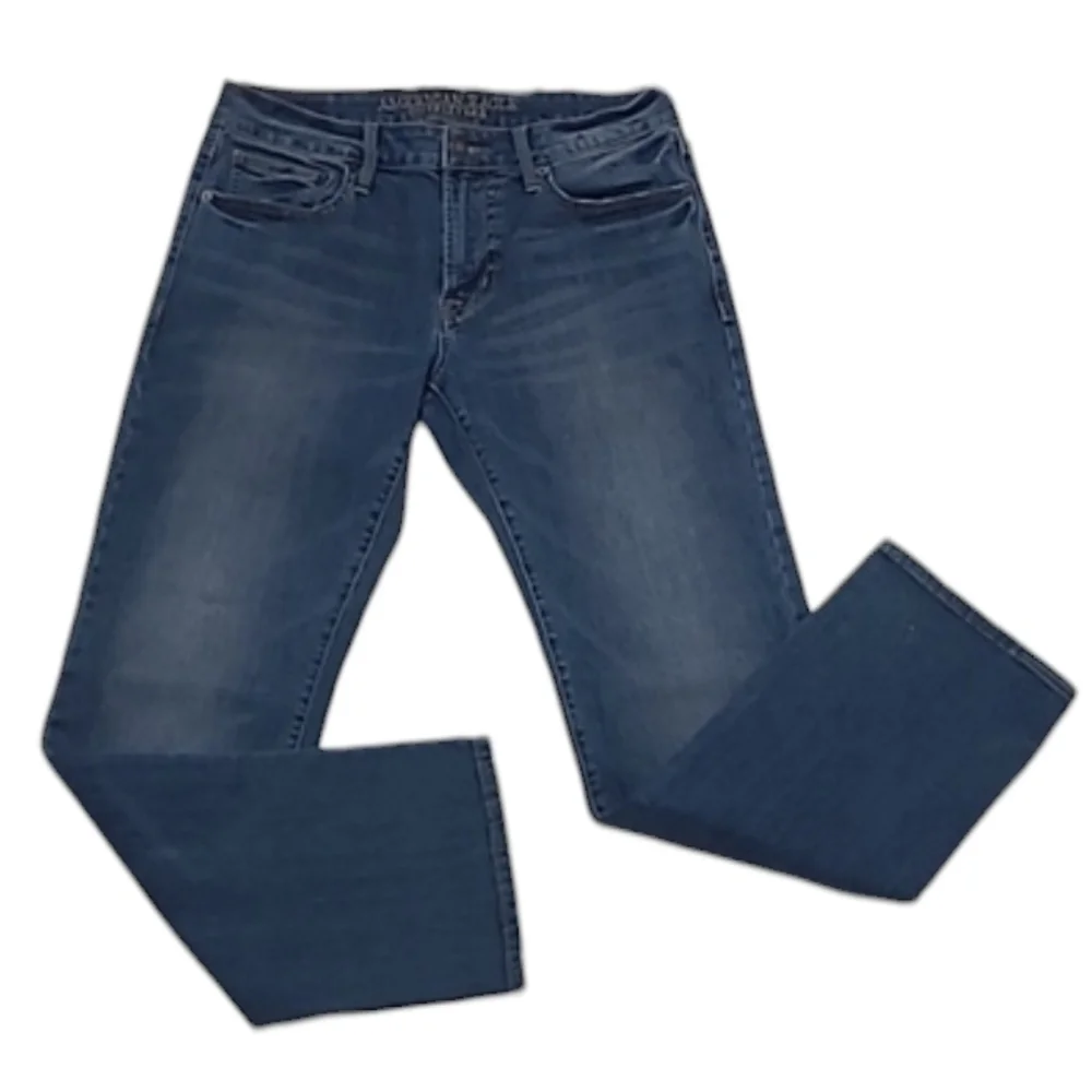 AE 360 Extreme Flex Jeans Straight Mid Wash Midi Waist Rise Whiskered Worn 31x32